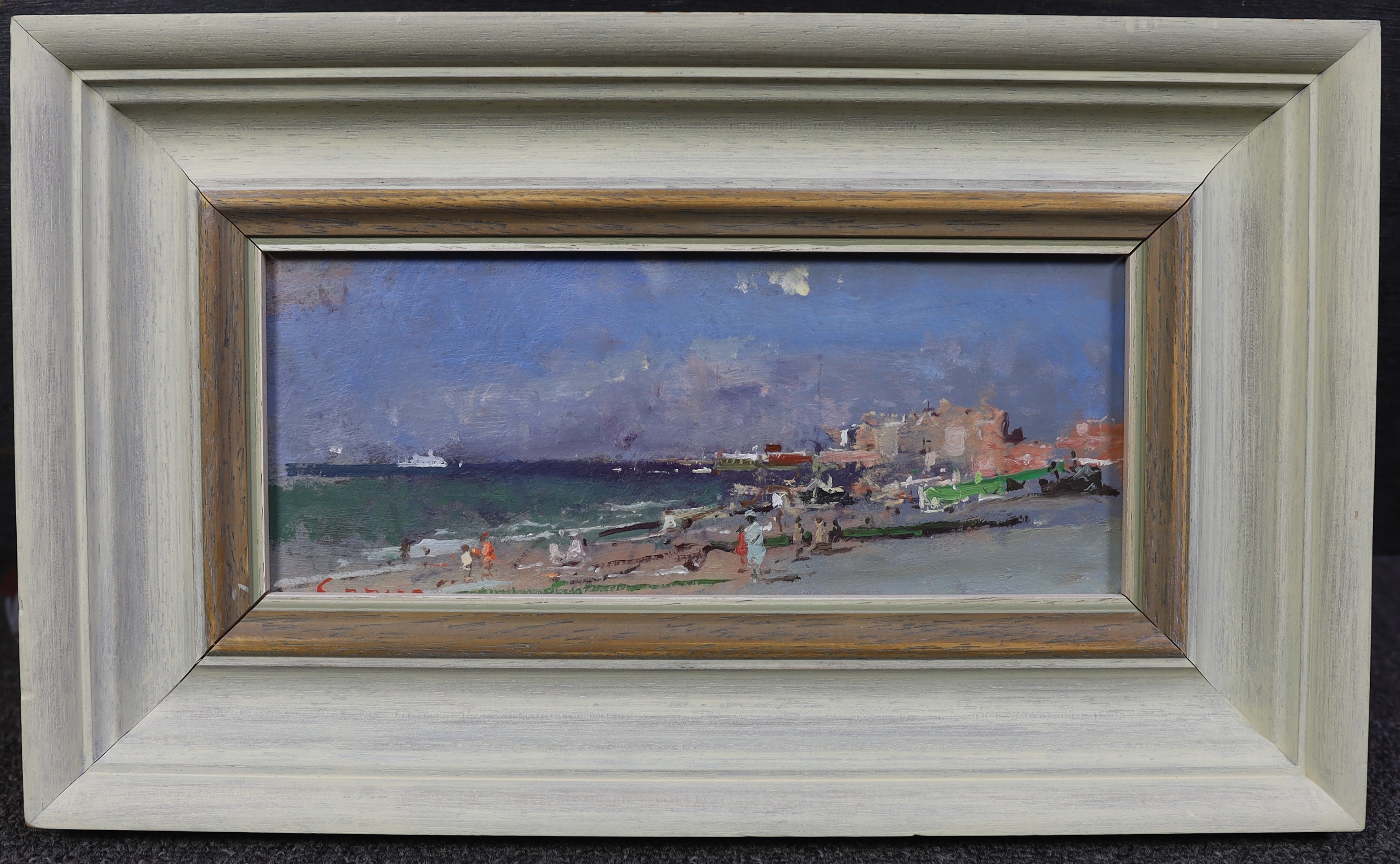 Fred Cuming RA NEAC Hon RBA Hon ROI, (English 1930-2022), ‘Holiday Memories’, oil on board, 10 x 26cm